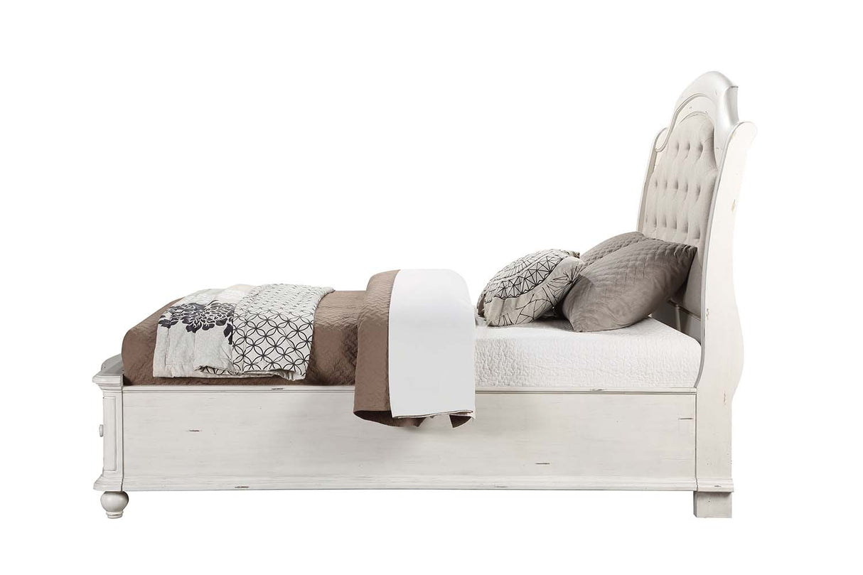 Jaqueline Gray Linen & Antique White Finish Queen Bed