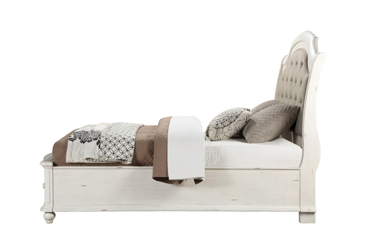 Jaqueline Gray Linen & Antique White Finish Queen Bed