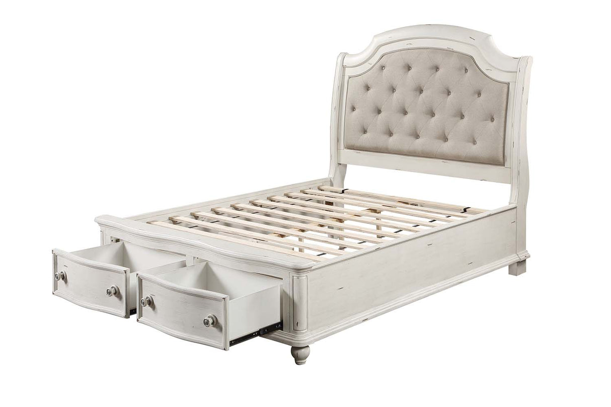 Jaqueline Gray Linen & Antique White Finish Queen Bed