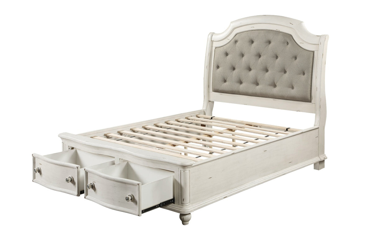 Jaqueline Gray Linen & Antique White Finish Queen Bed