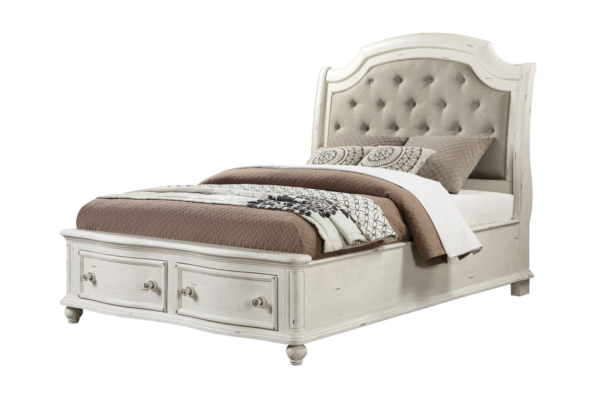 Jaqueline Gray Linen & Antique White Finish Queen Bed