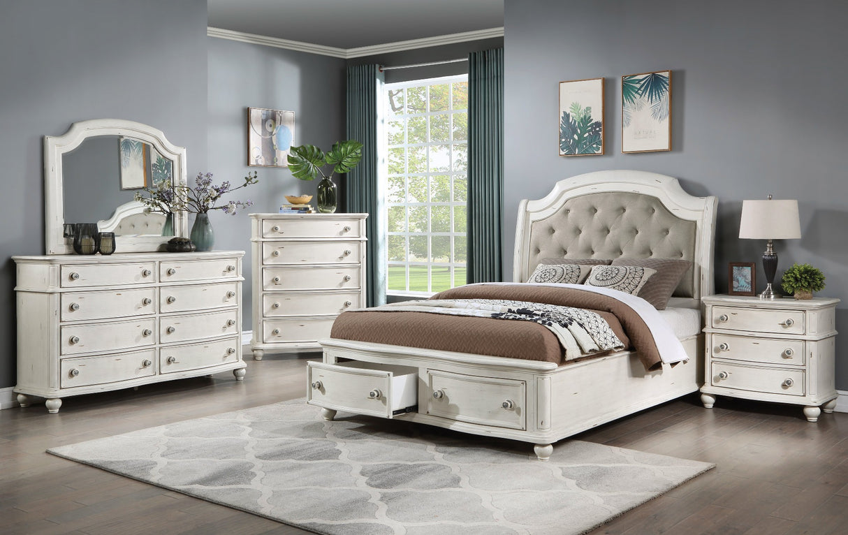 Jaqueline Gray Linen & Antique White Finish Queen Bed