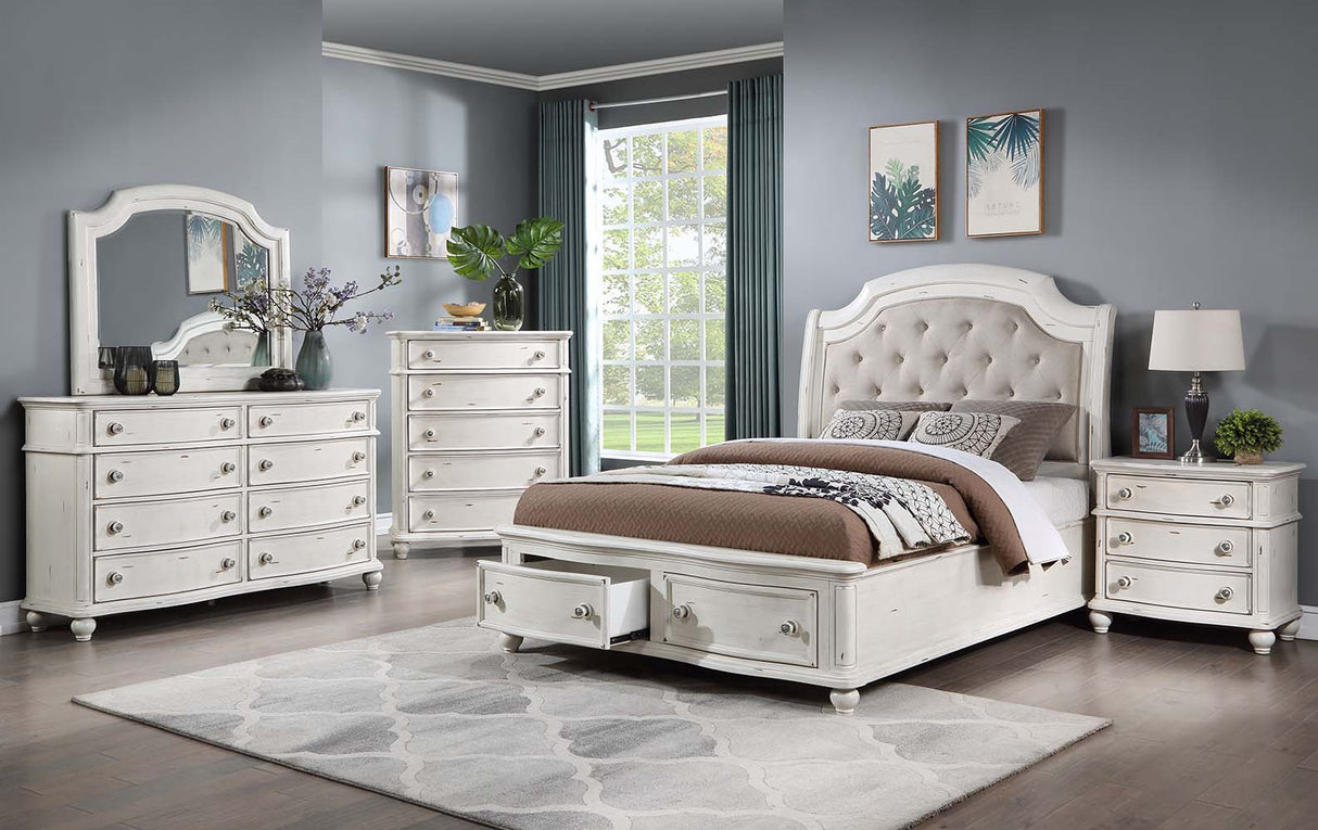 Jaqueline Gray Linen & Antique White Finish Queen Bed