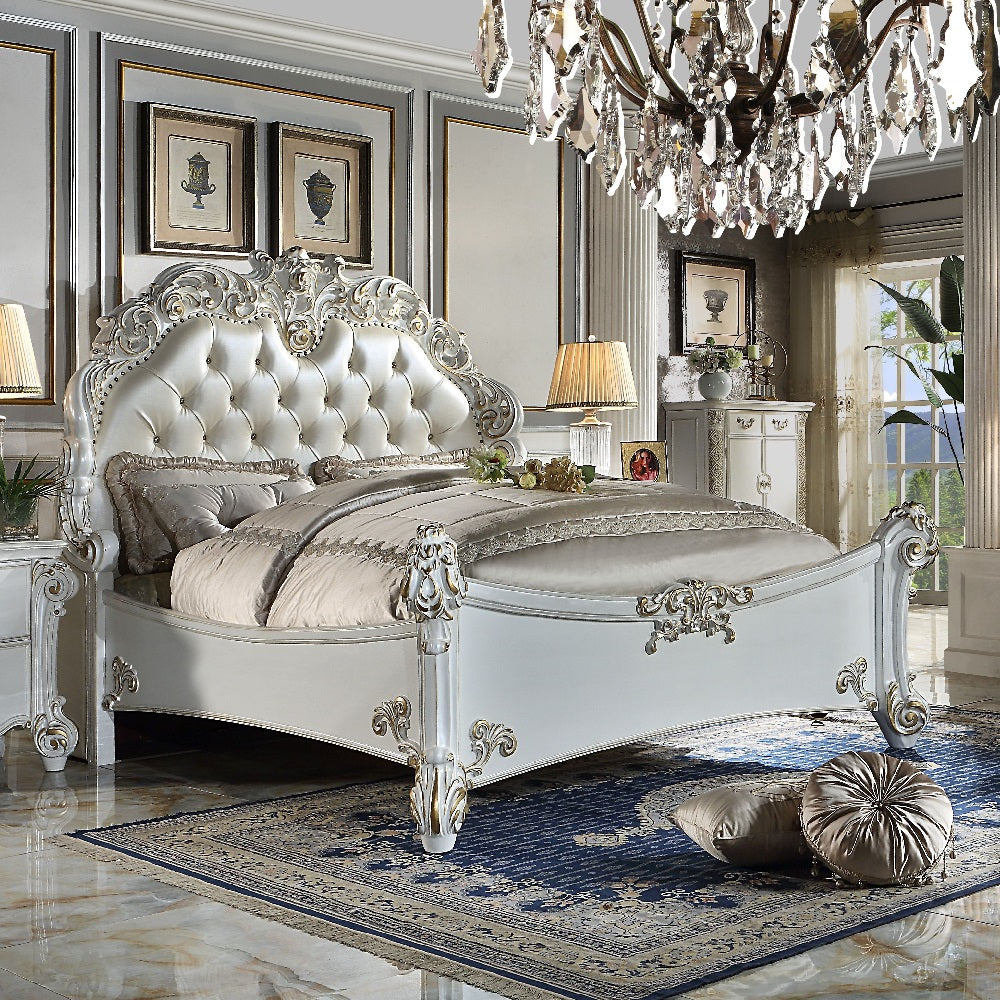 Vendome Synthetic Leather & Antique Pearl Finish Eastern King Bed