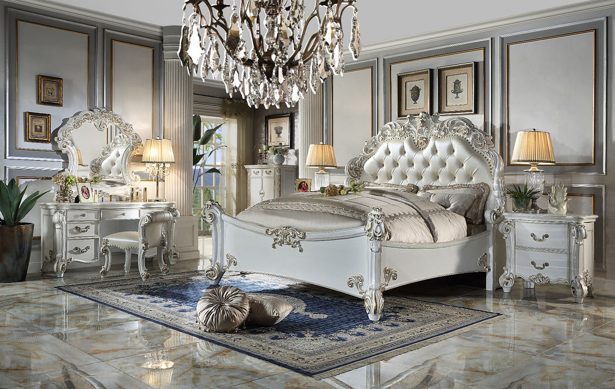 Vendome Synthetic Leather & Antique Pearl Finish Eastern King Bed
