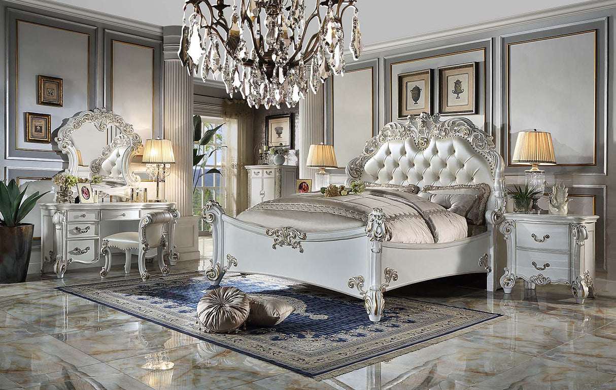 Vendome Synthetic Leather & Antique Pearl Finish Queen Bed