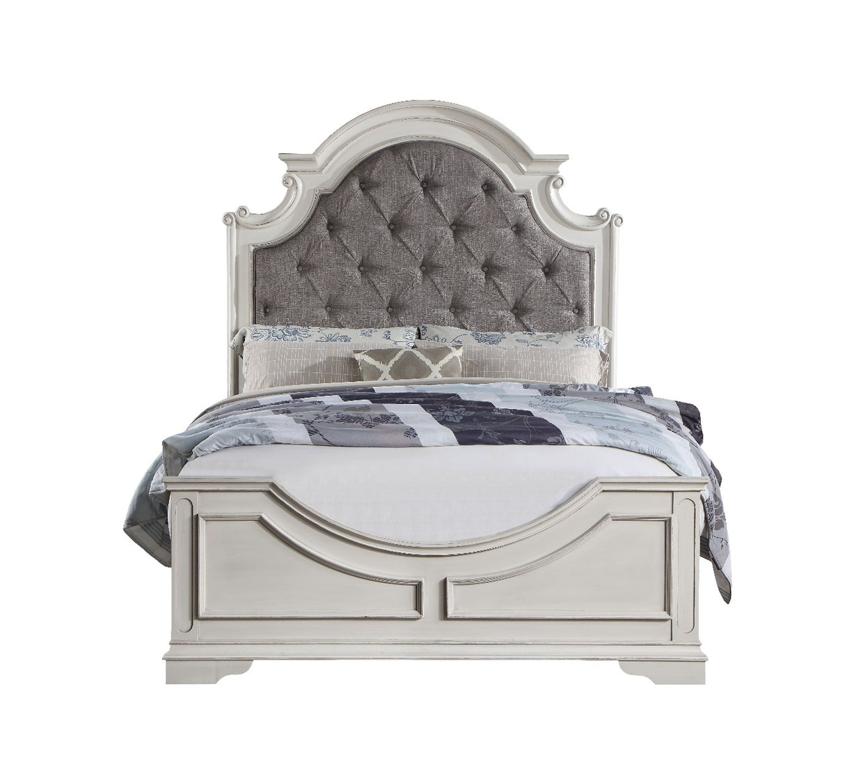 Florian Gray Fabric & Antique White Finish Eastern King Bed