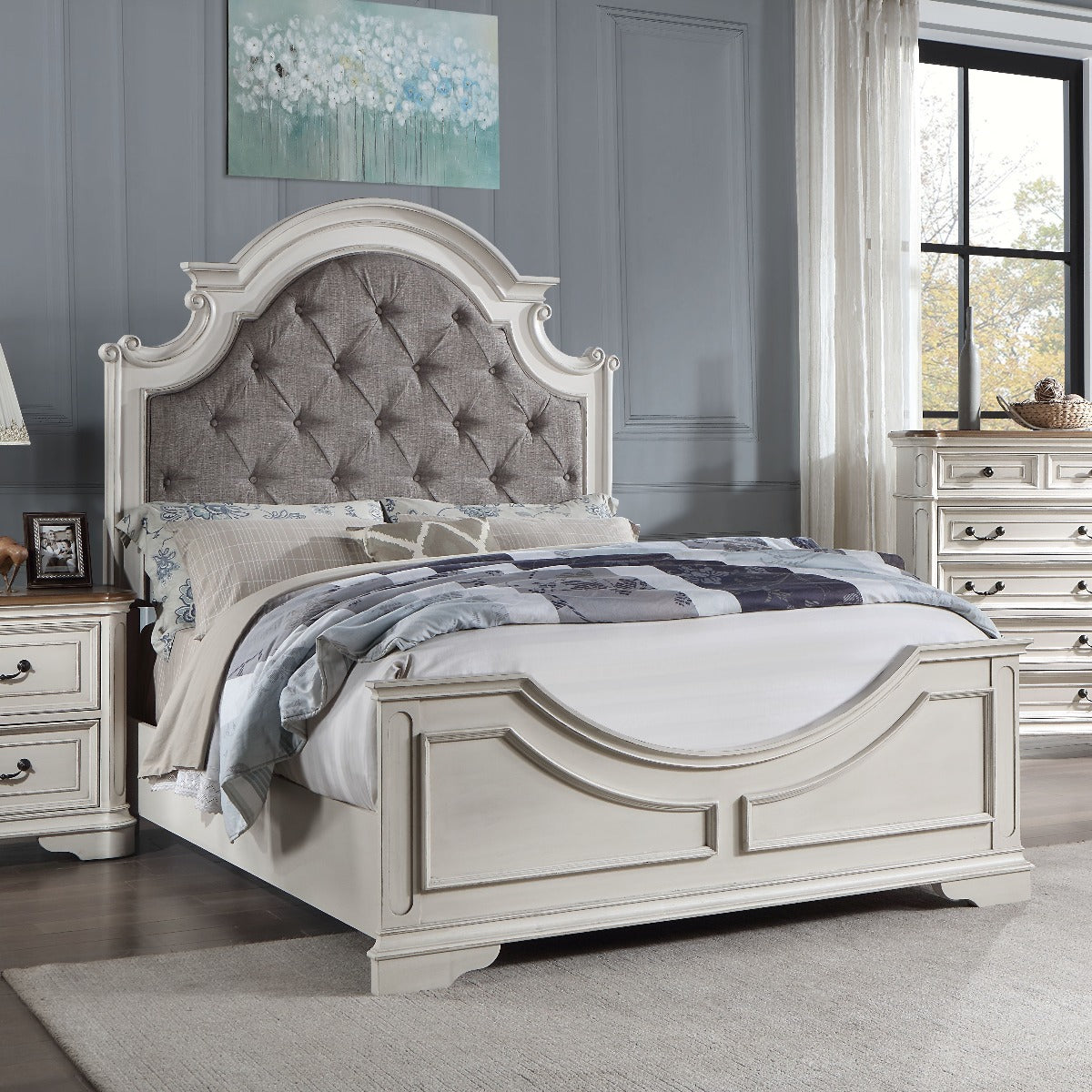 Florian Gray Fabric & Antique White Finish Eastern King Bed