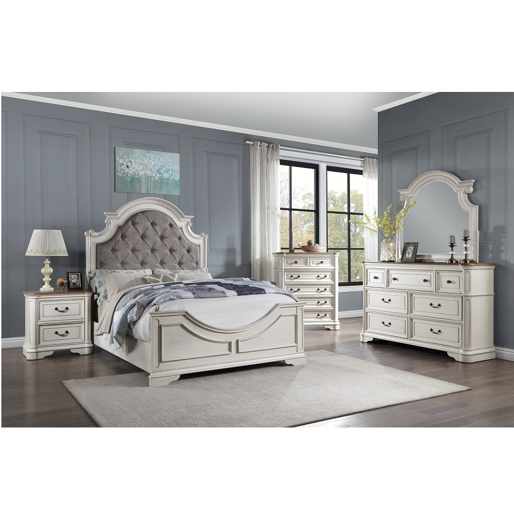 Florian Gray Fabric & Antique White Finish Eastern King Bed