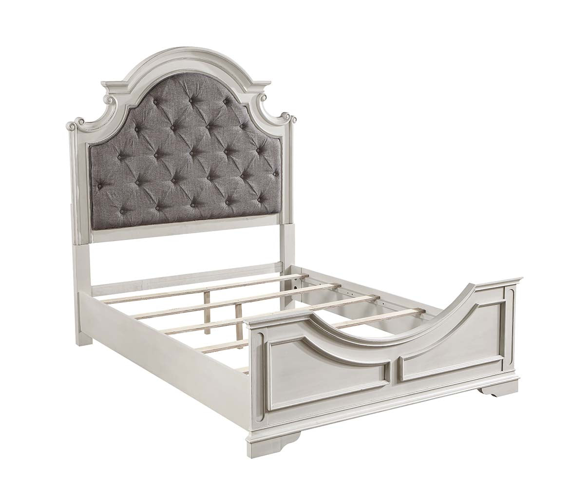 Florian Gray Fabric & Antique White Finish Queen Bed