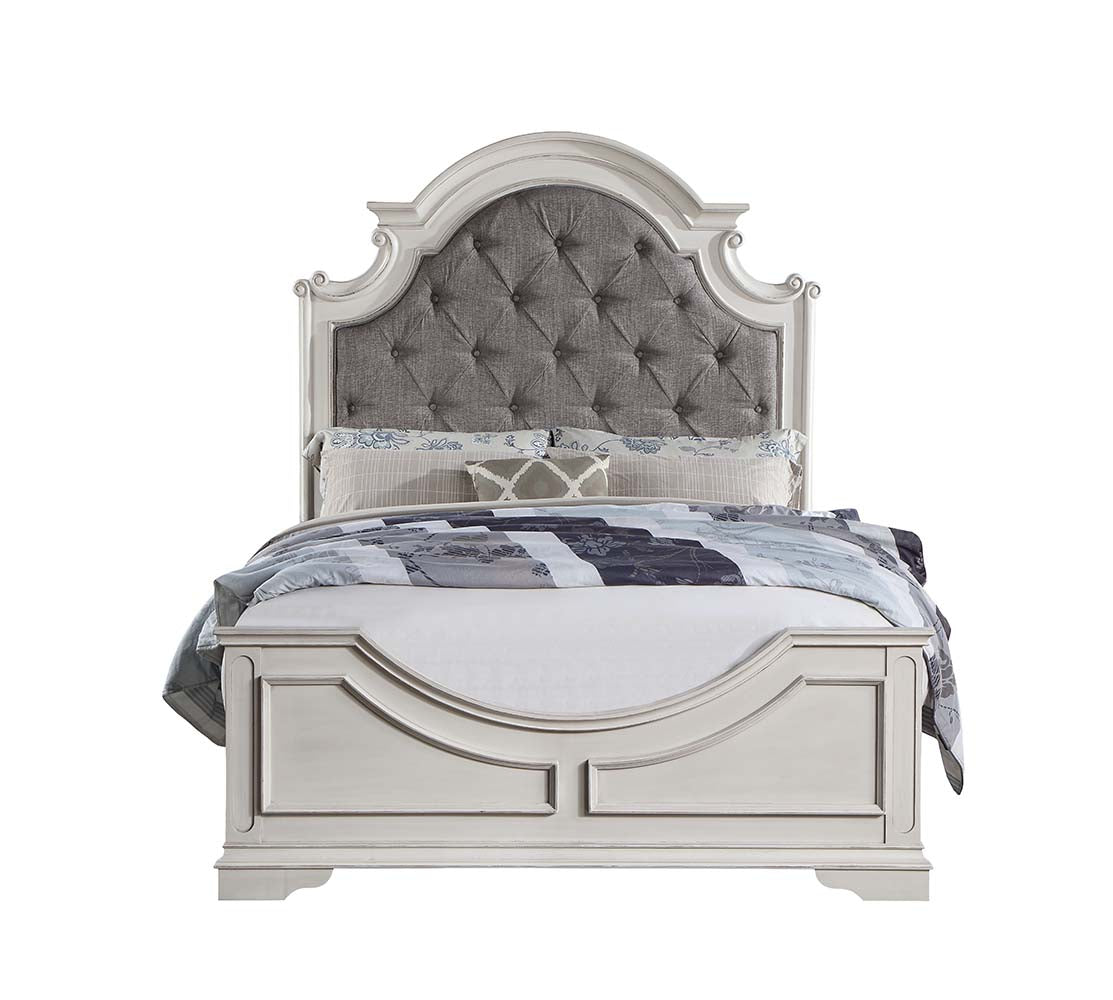 Florian Gray Fabric & Antique White Finish Queen Bed