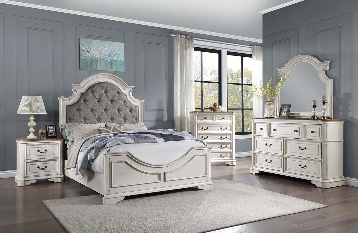 Florian Gray Fabric & Antique White Finish Queen Bed
