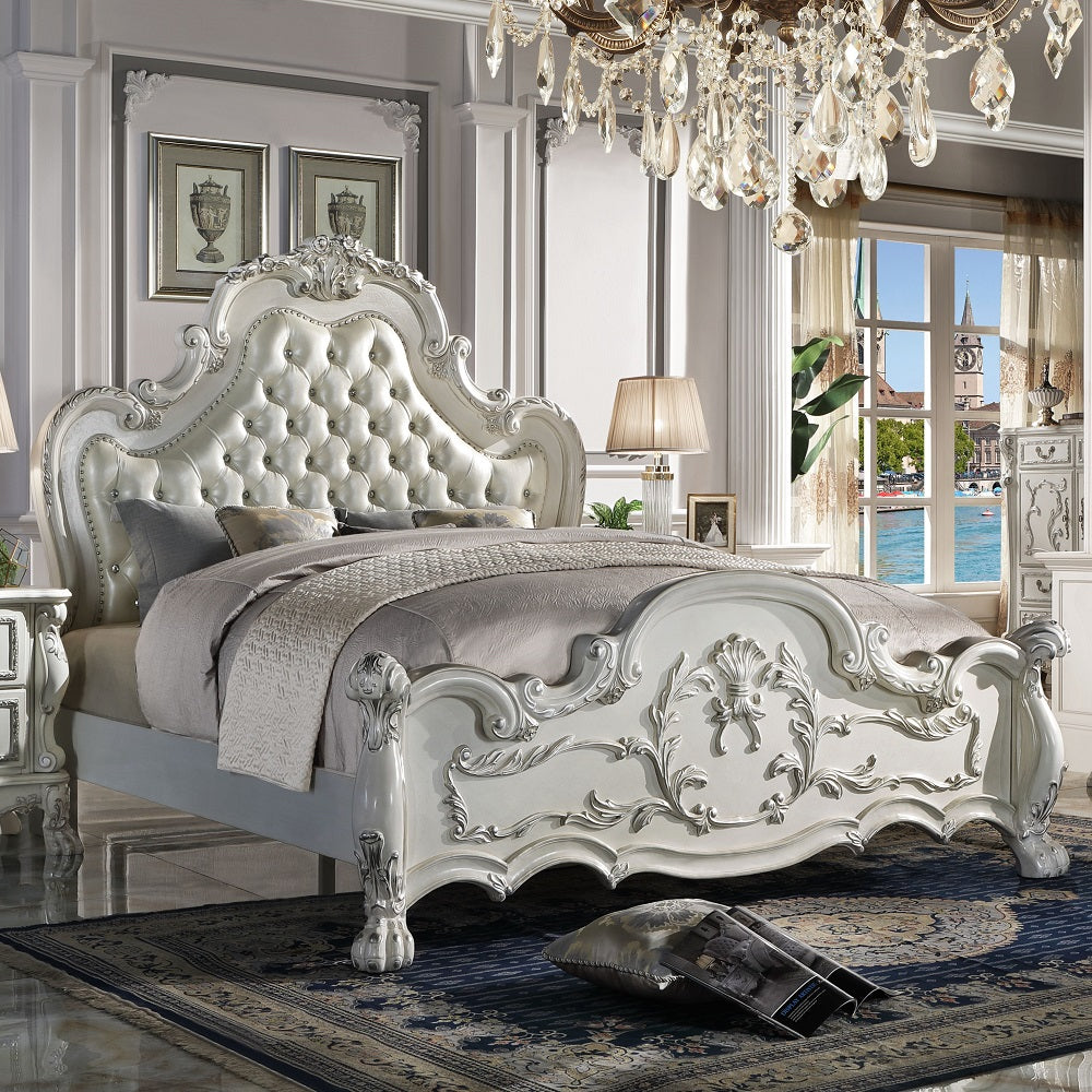 Dresden Synthetic Leather & Bone White Finish Queen Bed