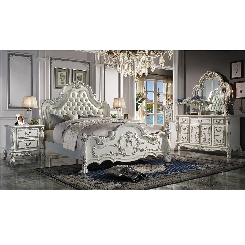 Dresden Synthetic Leather & Bone White Finish Queen Bed
