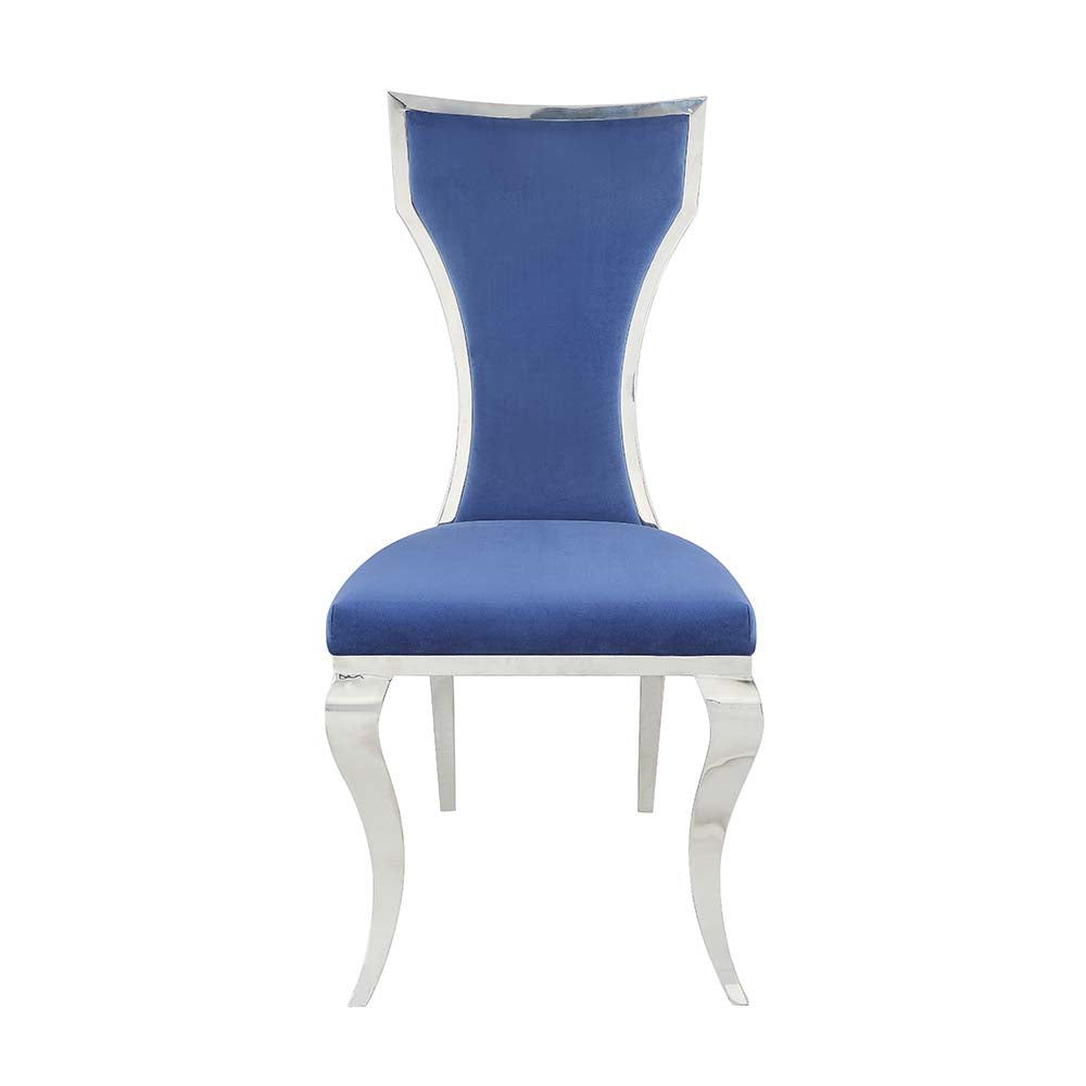 Azriel Blue Velvet & Mirroed Silver Finish Side Chair(Set-2)