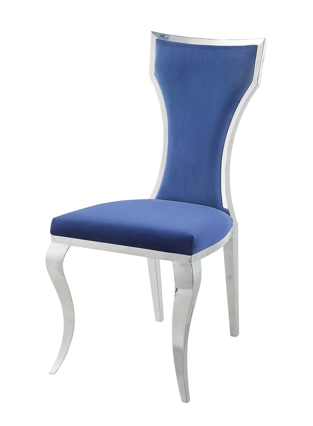 Azriel Blue Velvet & Mirroed Silver Finish Side Chair(Set-2)