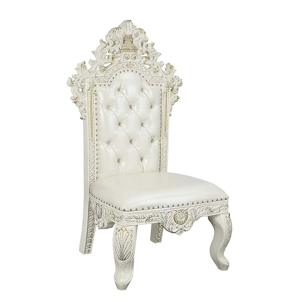 Adara Pearl White Synthetic Leather & Antique White Finish Side Chair (Set-2)