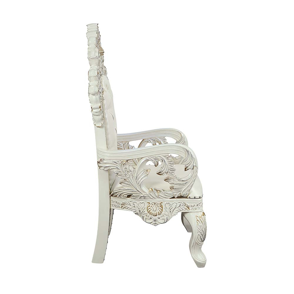 Adara Pearl White Synthetic Leather & Antique White Finish Arm Chair (Set-2)
