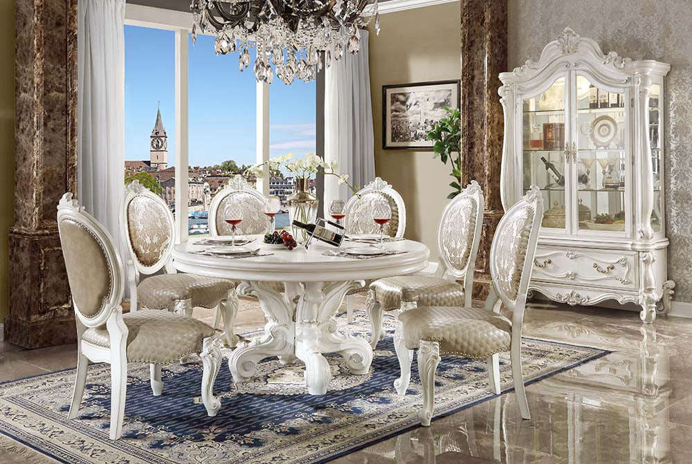Versailles Synthetic Leather & Bone White Finish Dining Table