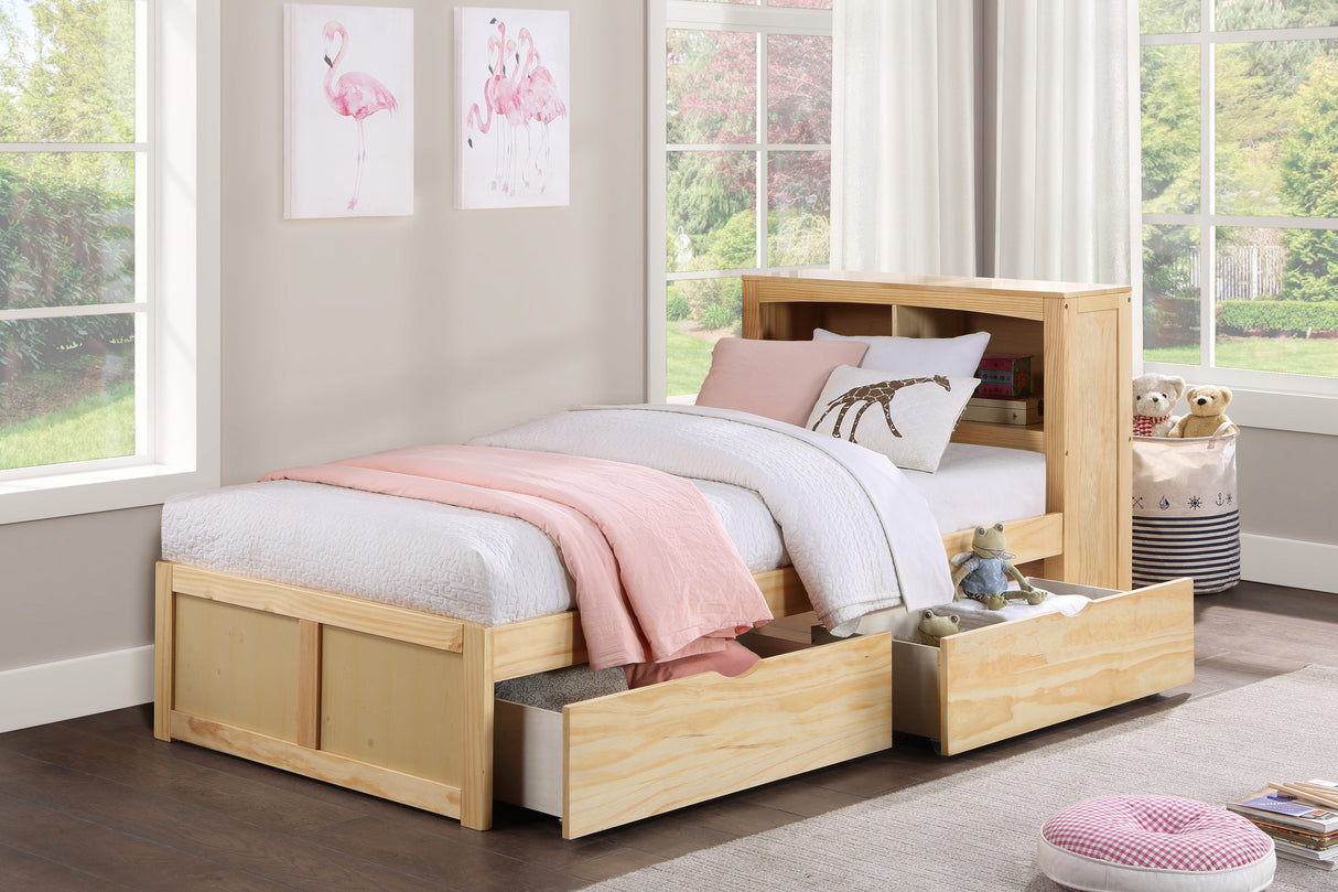 Bartly Natural Pine Twin Bookcase Bed With Storage Boxes