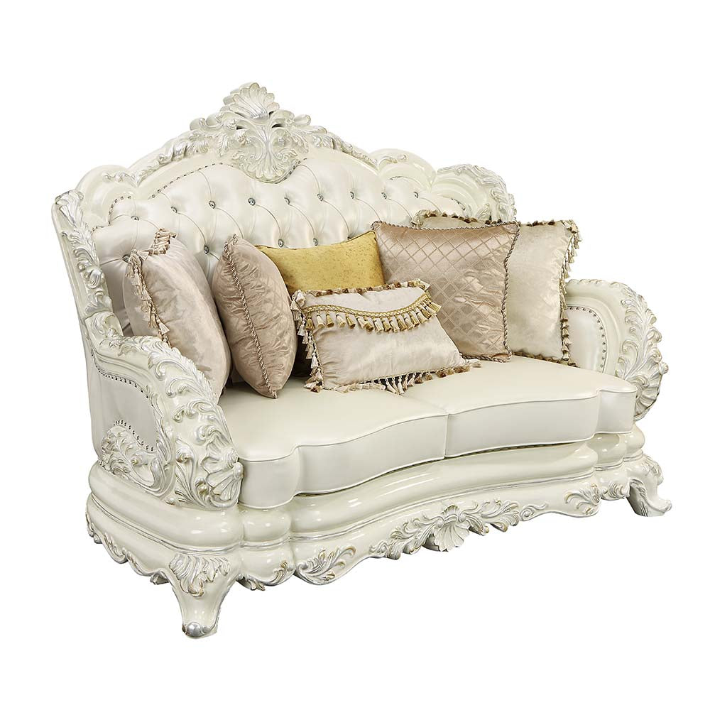 Adara Pearl White Synthetic Leather & Antique White Finish Loveseat