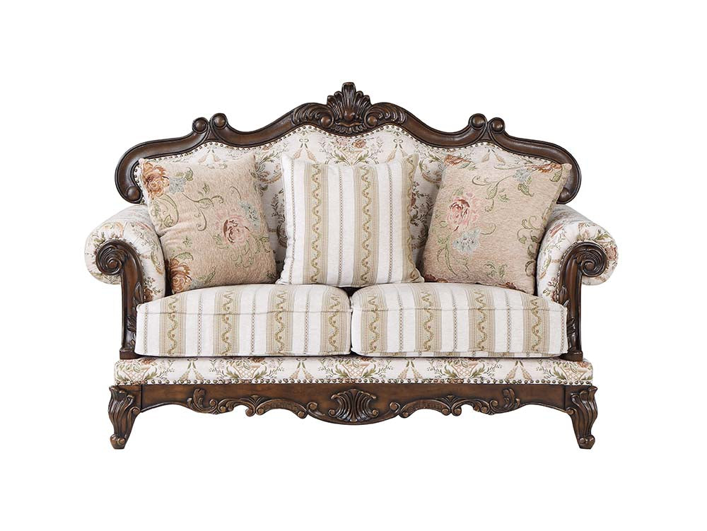Nayla Pattern Fabric & Cherry Finish Loveseat