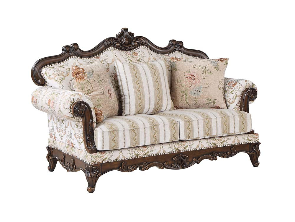 Nayla Pattern Fabric & Cherry Finish Loveseat