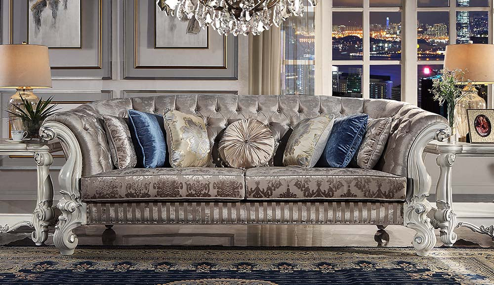 Versailles Ivory Fabric & Bone White Finish Sofa