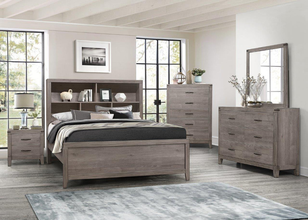 Woodrow Brownish Gray Platform Bookcase Bedroom Set