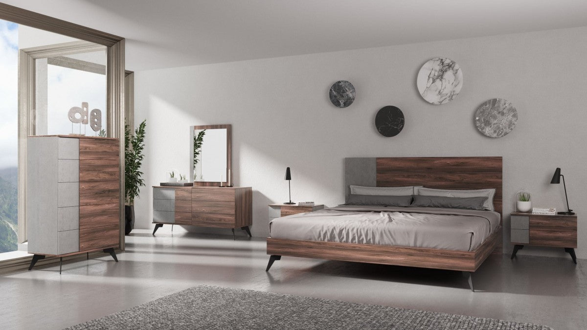 Palermo Queen Bed - Modern Italian Faux Concrete & Walnut Bed