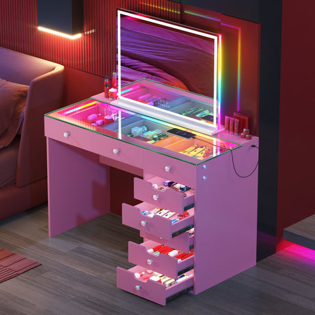 Diana RGB Vanity Desk with Light - 8 Storage Drawers