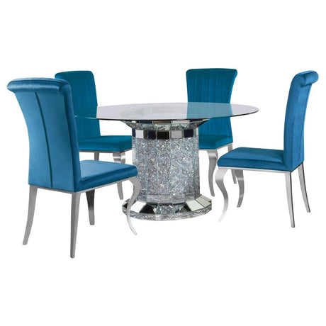 Ellie Blue 5-Piece Mirrored Pedestal Dining Table Set Teal