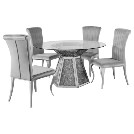 Quinn Grey 5-Piece Round Glass Top Mirrored Dining Set