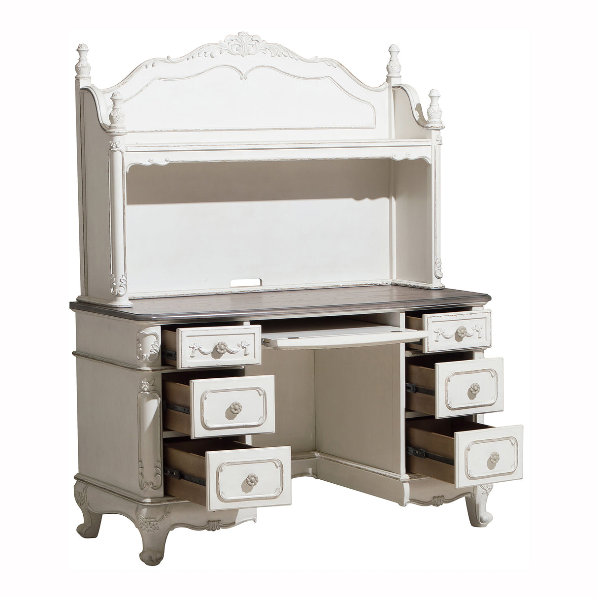 Cinderella Antique White With Gray Rub-Through * Writing Desk Hutch