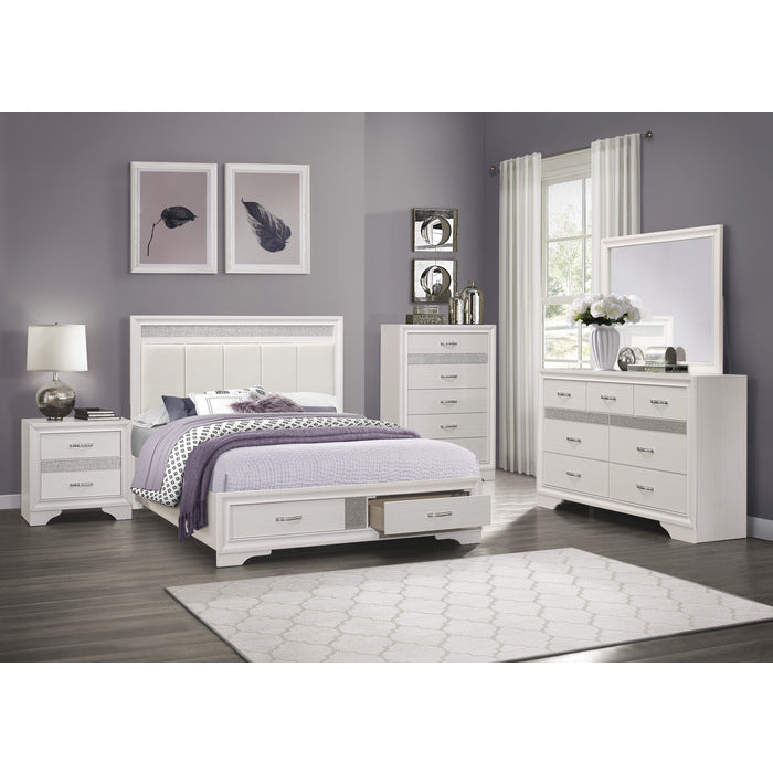 Luster White And Silver Glitter Queen Platform Bed With Footboard Storage