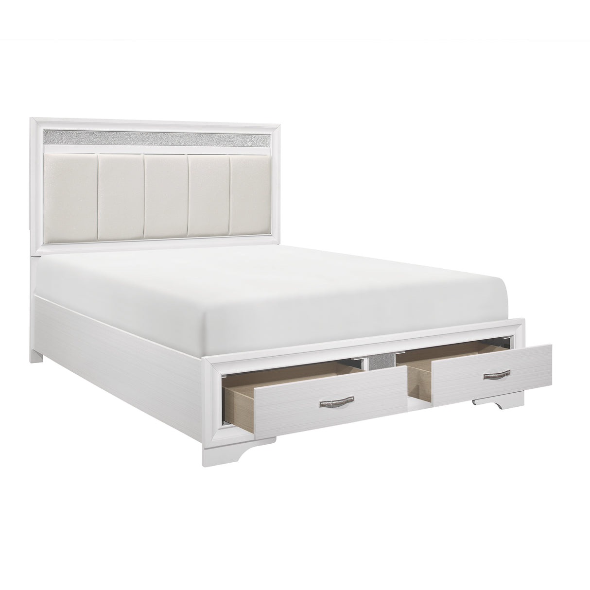 Luster White And Silver Glitter Queen Platform Bed With Footboard Storage
