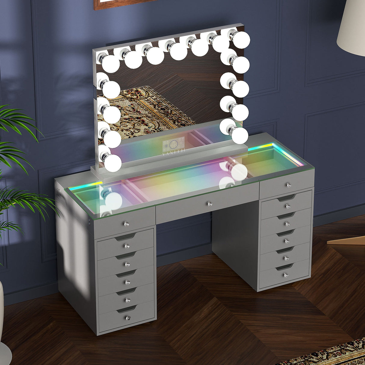 Promotion Deal! Eva-RGB Vanity Desk Set with 13 Storage Drawers and 15 Bulbs Light Mirror