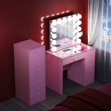 April Promotion ! Mini Diana Vanity Desk with Marilyn Hollywood Vanity Mirror and 9 Drawer Unit (Only sell in California)