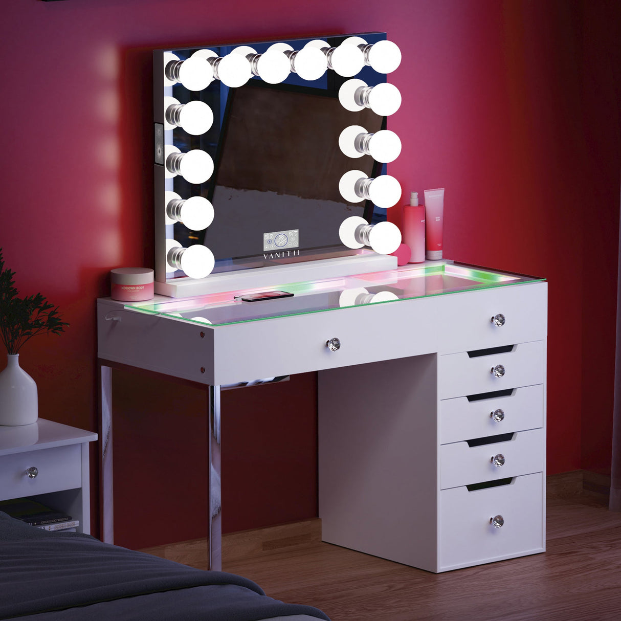 Diana RGB Vanity Desk with 6 Storage Drawers and Marilyn Hollywood Vanity Mirror (Only sell in Houston)