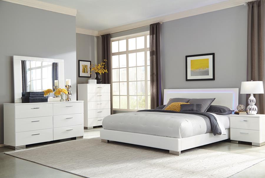 Felicity 6-Piece Bedroom Set Glossy White With Led Bed Headboard Queen