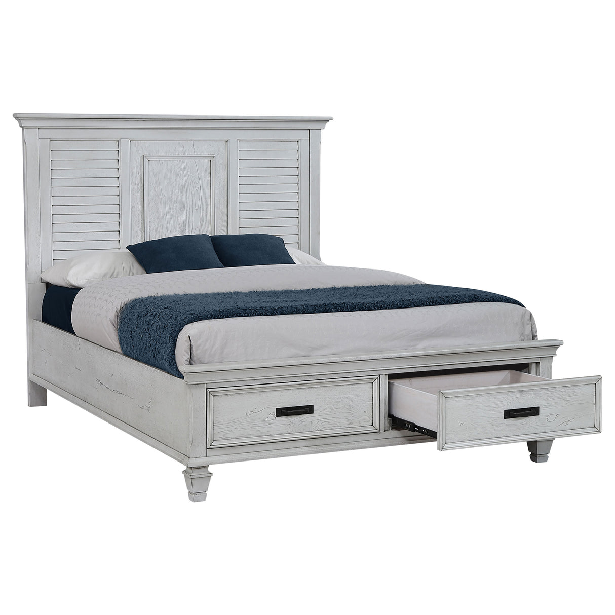 Franco Distressed White Wood Queen Storage Panel Bed