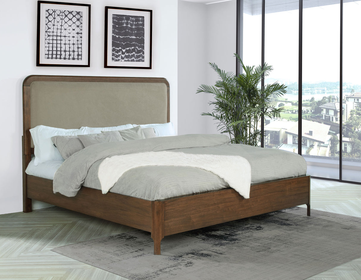Maderia Walnut 57-Inch Upholstered Eastern King Panel Bed
