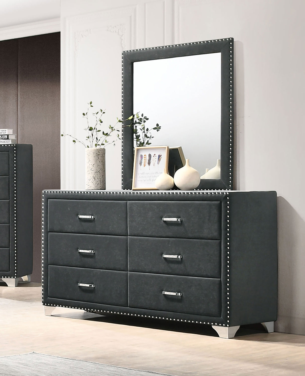 Melody Grey 6-Drawer Upholstered Dresser With Mirror
