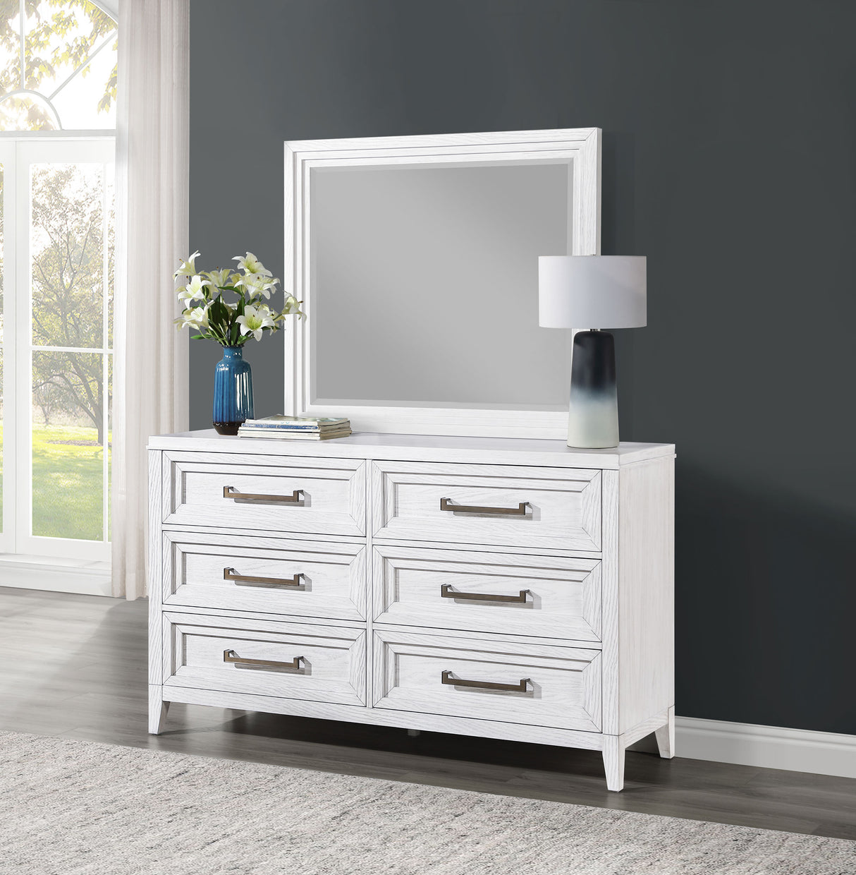 Marielle Distressed White 6-Drawer Dresser With Mirror