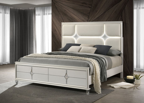 Olivia Pearl White Eastern King Panel Bed Led Headboard