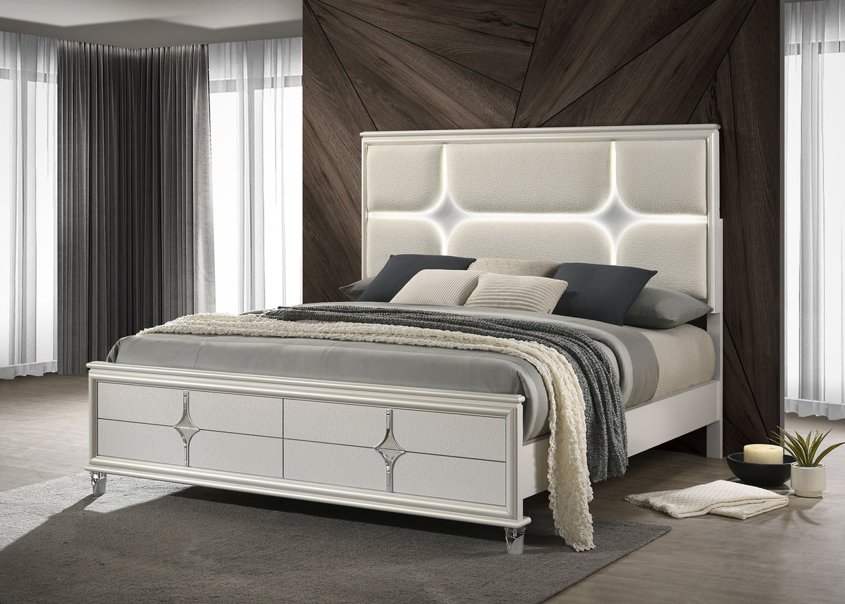 Olivia Pearl White California King Panel Bed Led Headboard
