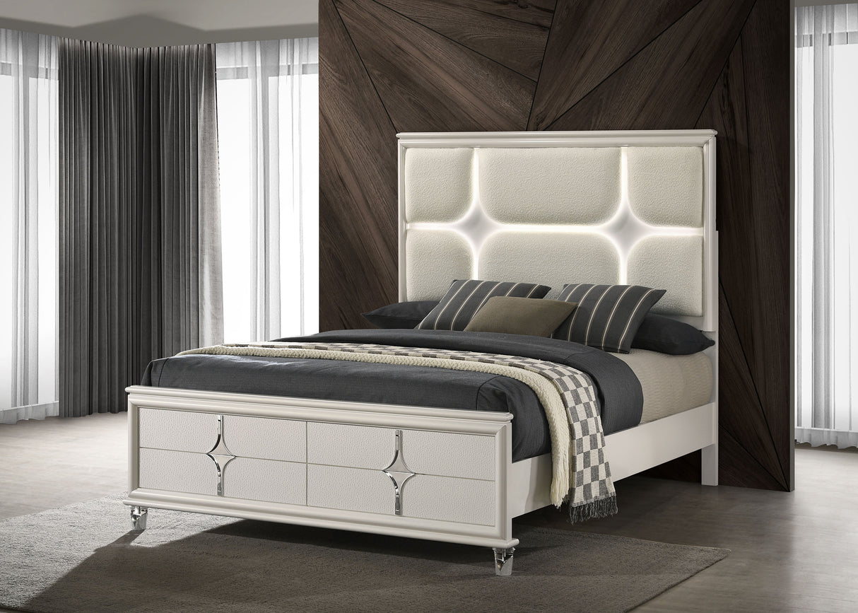 Olivia Pearl White Queen Panel Bed Led Headboard