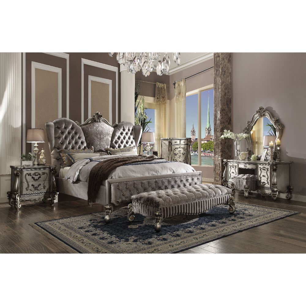 Versailles Velvet & Antique Platinum Finish Eastern King Bed