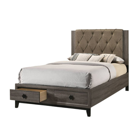 Avantika Fabric & Rustic Gray Oak Finish Queen Bed