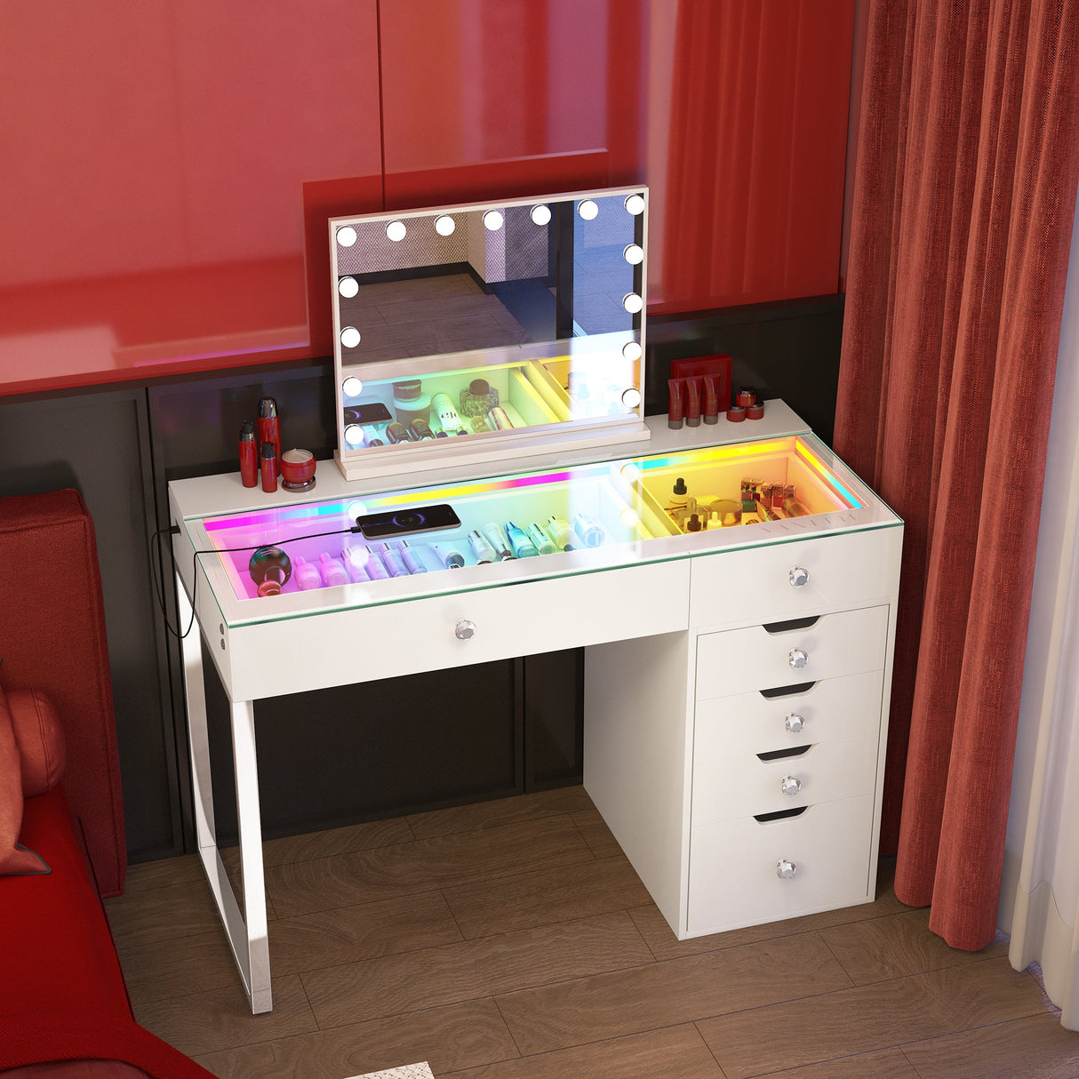 Diana RGB Vanity Desk - 6 Storage Drawers